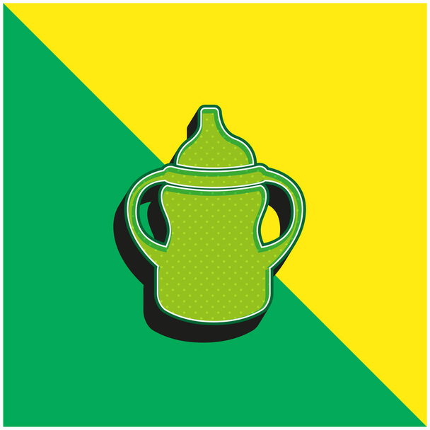 Baby fles variant met handvat op beide zijden groen en geel moderne 3D vector pictogram logo - Vector, afbeelding
