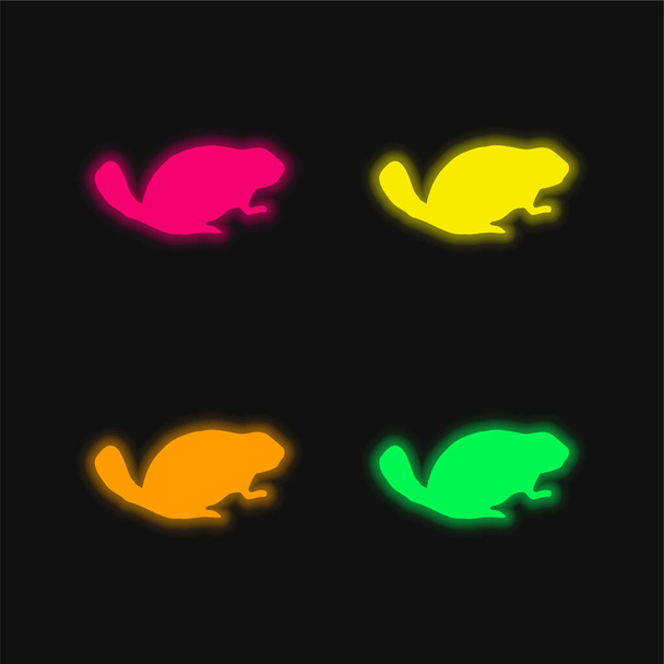 Форма животного бобра 4 цвета светящийся неоновый вектор значок - Вектор,изображение