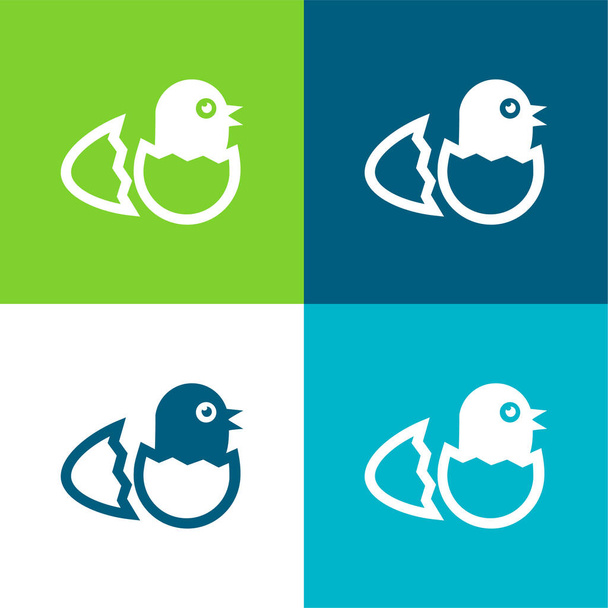 pájaro en huevo roto desde la vista lateral plana conjunto de iconos mínimo de cuatro colores - Vector, imagen