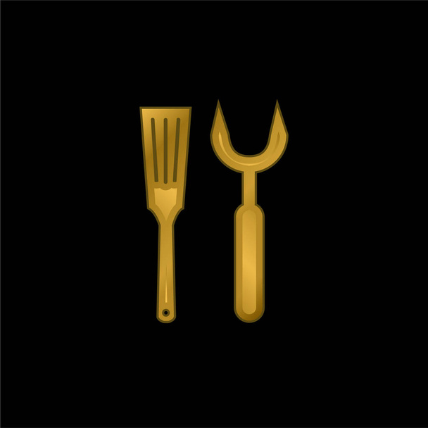 Utensilios de barbacoa chapado en oro icono metálico o logo vector - Vector, Imagen