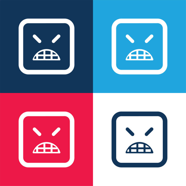 Boze Emoticon Square Face met gesloten ogen blauw en rood vier kleuren minimale pictogram set - Vector, afbeelding