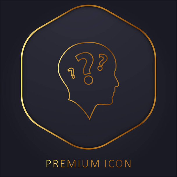 Kald Head Side View met drie vraagtekens gouden lijn premium logo of pictogram - Vector, afbeelding