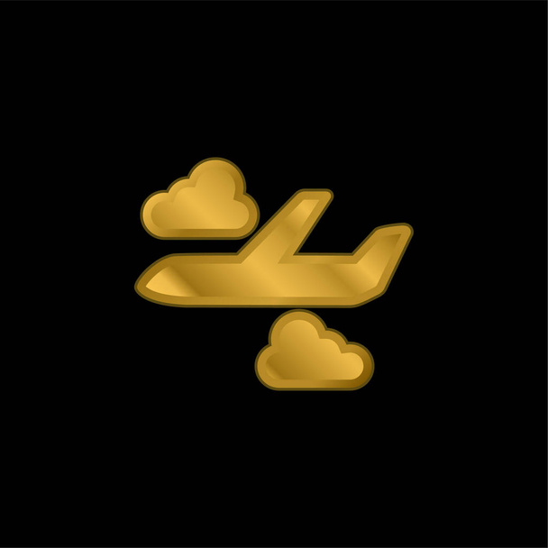 Airplane With Clouds gold plated metalic icon or logo vector - Vector, Image