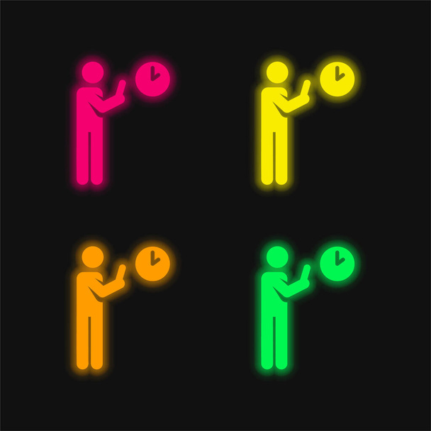 Heure d'arrivée quatre couleurs rougeoyantes icône vectorielle néon - Vecteur, image