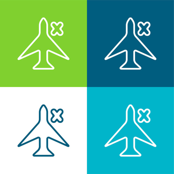 Vliegtuig Teken met een kruis voor telefoon Interface Flat vier kleuren minimale pictogram set - Vector, afbeelding