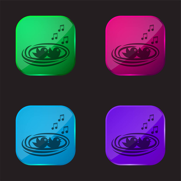 Baby Birds Zpívání v hnízdě čtyři barevné skleněné tlačítko ikona - Vektor, obrázek