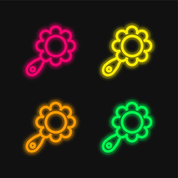Baby Rattle Of Flower Shape four color glowing neon vector icon - Vector, Image