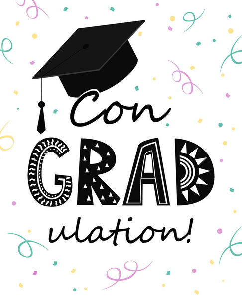 Συγχαρητήρια για την αποφοίτηση, μεταπτυχιακό καπέλο με γράμματα congradulation και tinsel - Διάνυσμα, εικόνα