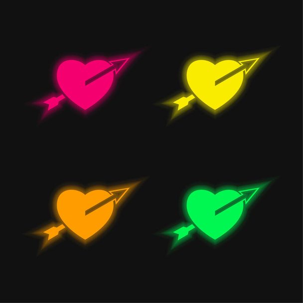 ハートに矢印ストレート4色の輝くネオンベクトルアイコン - ベクター画像