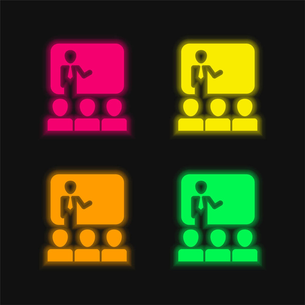 Audience In Presentation Of Business four color glowing neon vector icon - Vector, Image