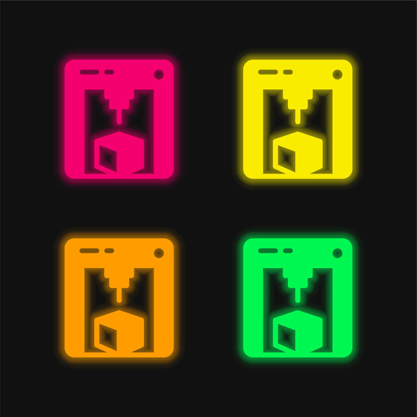 Impresora 3d cuatro colores brillante icono de vectores de neón - Vector, Imagen