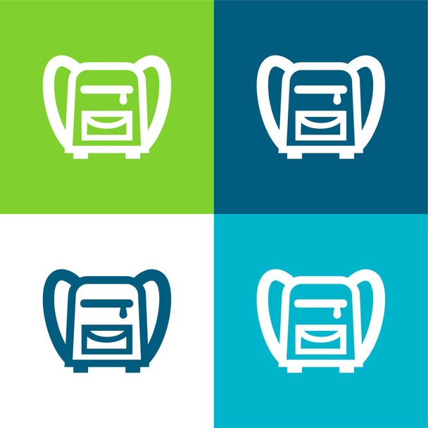 Bolsa trasera para la escuela plana de cuatro colores mínimo icono conjunto - Vector, Imagen