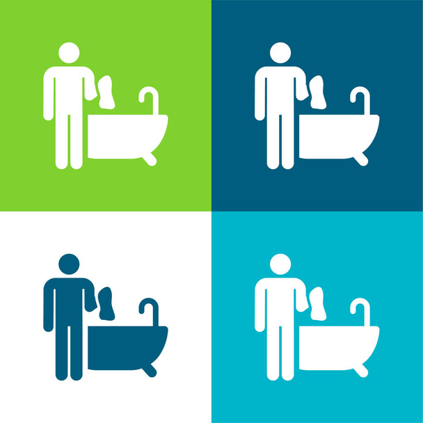 Bañera de limpieza plana de cuatro colores mínimo icono conjunto - Vector, imagen