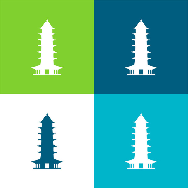 Pagoda de luz auspiciosa Conjunto de iconos mínimo de cuatro colores plano - Vector, Imagen