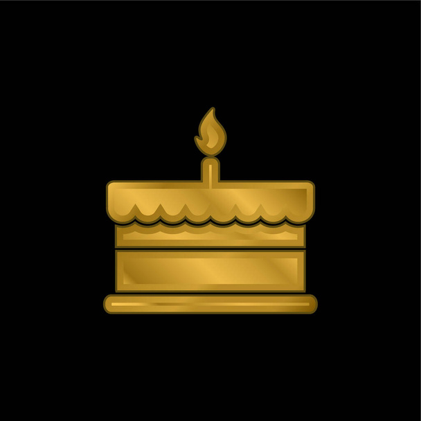 Gâteau d'anniversaire avec une bougie brûlante plaqué or icône métallique ou logo vecteur - Vecteur, image