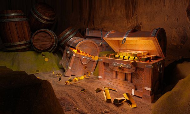Zlaté mince a kostka v prastaré a vinobraní pokladnice z dřevěných panelů Zesílené zlatým kovem a zlatými kolíky Krabice s pokladem umístěné na písku v jeskyni nebo pokladnici pod vodou. 3D vykreslování - Fotografie, Obrázek