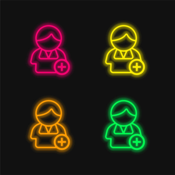 Aggiungi un contatto sull'interfaccia telefonica Simbolo di un utente con un segno più quattro colori luminosi icona al neon vettore - Vettoriali, immagini