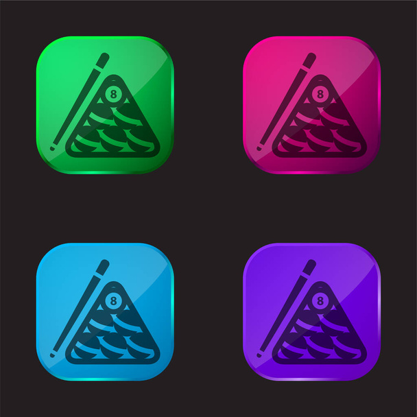 Billardkugeln im Inneren des Dreiecks und der Stick auf einer Seite vier farbige Glasknopf-Symbol - Vektor, Bild