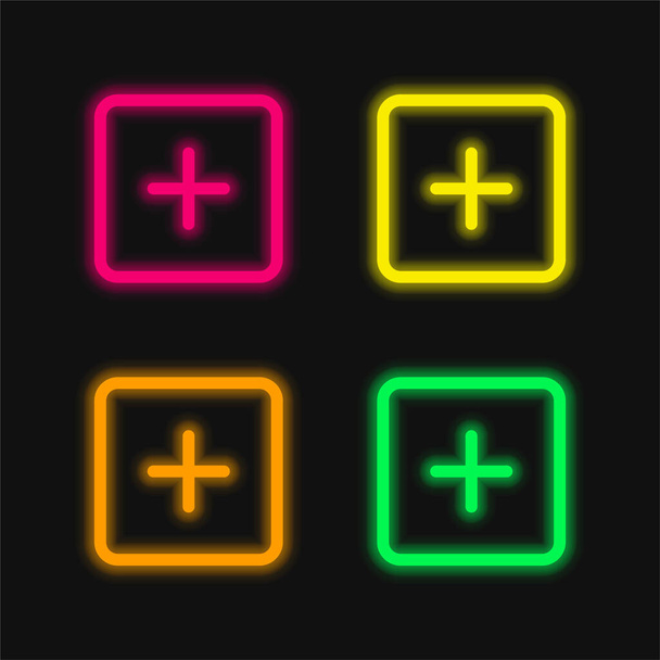 Add Square vázolt interfész gomb négy szín izzó neon vektor ikon - Vektor, kép