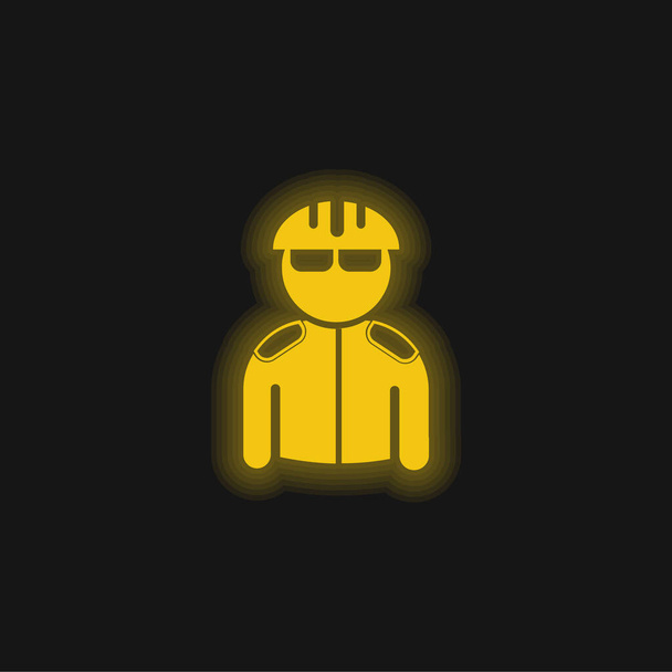 Bicycliste avec casque et veste jaune brillant icône néon - Vecteur, image