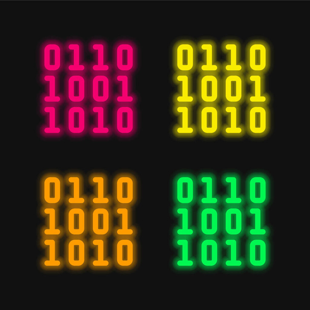 Binäre leuchtende Neon-Vektorsymbole mit vier Farben - Vektor, Bild