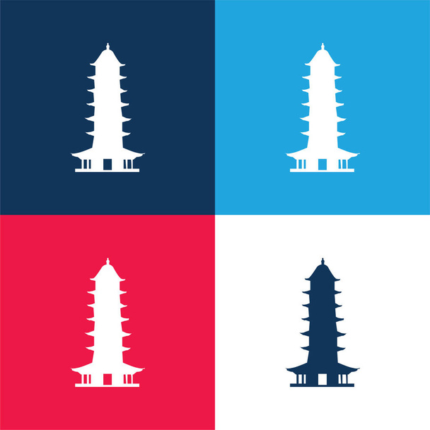 Благоприятный свет Pagoda синий и красный четыре цвета минимальный набор значков - Вектор,изображение