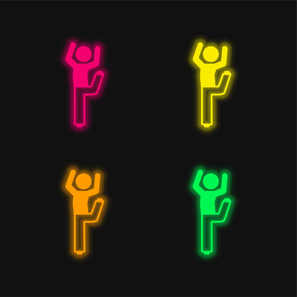 Menino com perna dobrada e braços até quatro cores brilhante ícone de vetor de néon - Vetor, Imagem