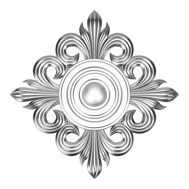 Motifs de symboles en stuc ou métal argenté. Modèle noir et blanc sur fond blanc isolé. Symbole abstrait ressemble à une fleur blanche. Rendu 3D - Photo, image