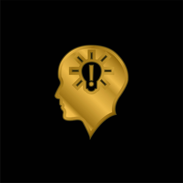 金メッキ金属アイコンやロゴベクトルの内側に感嘆のサインを持つ電球で頭を曲げる - ベクター画像