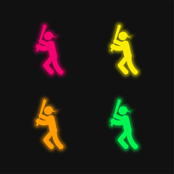 Παίκτης του μπέιζμπολ με νυχτερίδα τέσσερις χρώμα λαμπερό νέον διάνυσμα εικονίδιο - Διάνυσμα, εικόνα