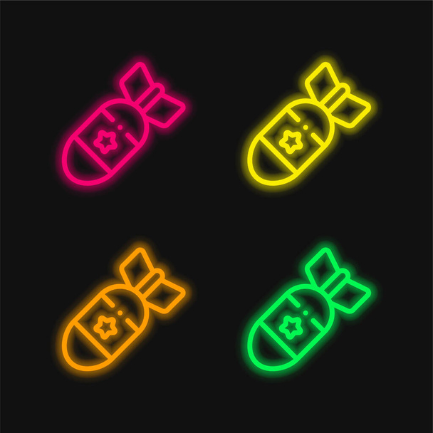 Bomba atomica quattro colori incandescente icona vettoriale al neon - Vettoriali, immagini