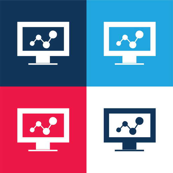 Grafico analitico su un monitor blu e rosso set di icone minime a quattro colori - Vettoriali, immagini