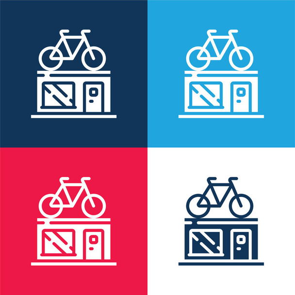 Bisiklet Dükkanı mavi ve kırmızı dört renk minimal simge seti - Vektör, Görsel