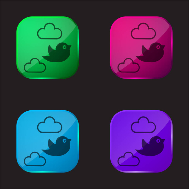 Bird Flying Between Clouds four color glass button icon - Vector, Image