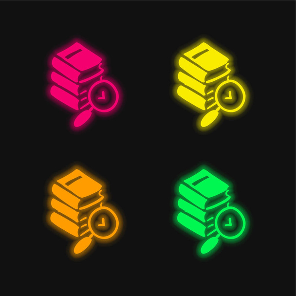 Boeken Hand getrokken Stack vier kleuren gloeiende neon vector pictogram - Vector, afbeelding