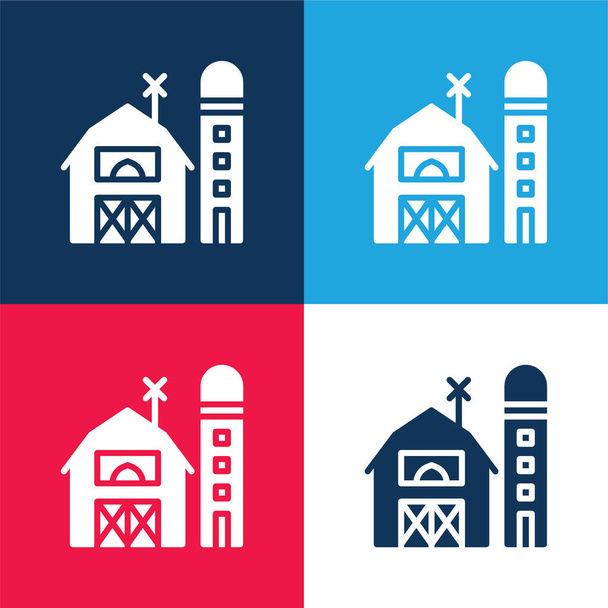 Barn modrá a červená čtyři barvy minimální ikona nastavena - Vektor, obrázek