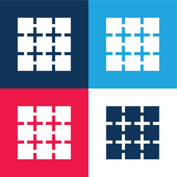 Blokklánc kék és piros négy szín minimális ikon készlet - Vektor, kép