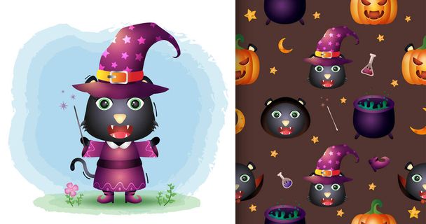 Симпатичная черная кошка с костюмированной коллекцией персонажей Хэллоуина. бесшовные рисунки и иллюстрации - Вектор,изображение