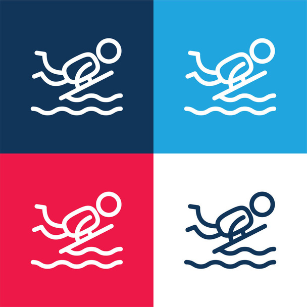 Bodyboard azul y rojo conjunto de iconos mínimo de cuatro colores - Vector, Imagen