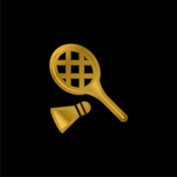Bádminton RAcket Y Pluma chapado en oro icono metálico o logo vector - Vector, Imagen