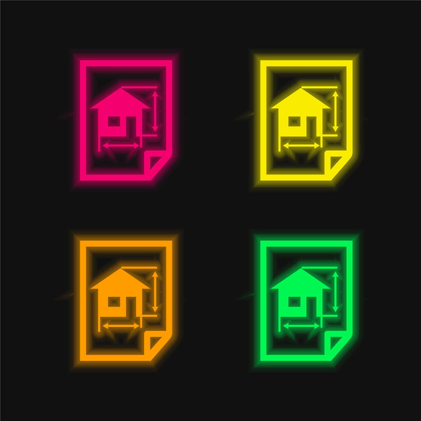 Architektur Zeichnung eines Hauses auf Papier vierfarbig leuchtenden Neon-Vektor-Symbol - Vektor, Bild