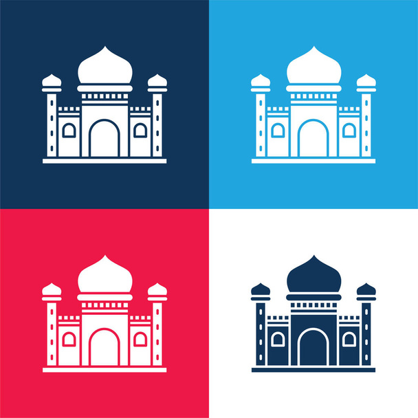 Blauwe Moskee blauw en rood vier kleuren minimale pictogram set - Vector, afbeelding