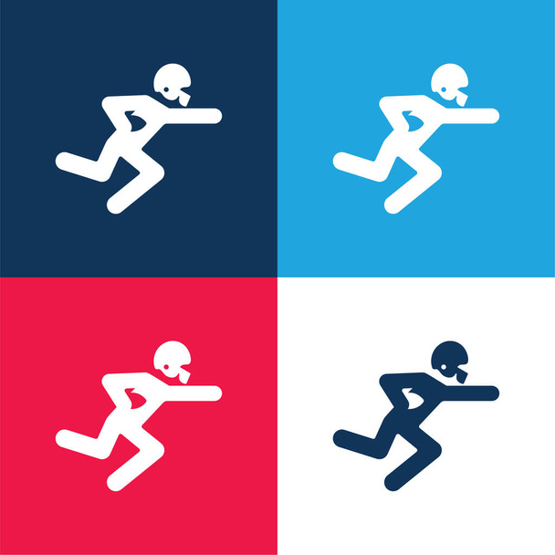 Giocatore di football americano in esecuzione con la palla blu e rosso quattro colori set icona minima - Vettoriali, immagini