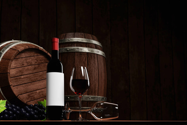 Červené víno ve vysoké čiré sklenici vedle tmavé láhve vína. Nádrž na kvašení vína je ze dřeva. dřevěný sud ve sklepě, Ochutnávka výrobního konceptu. Podkladová stěna je ze dřeva. 3D vykreslování - Fotografie, Obrázek