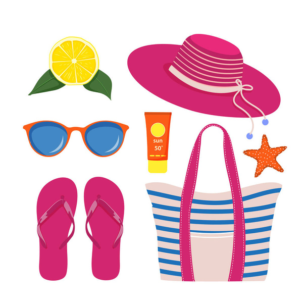 Set of beach accessories on white background - Vector, Image