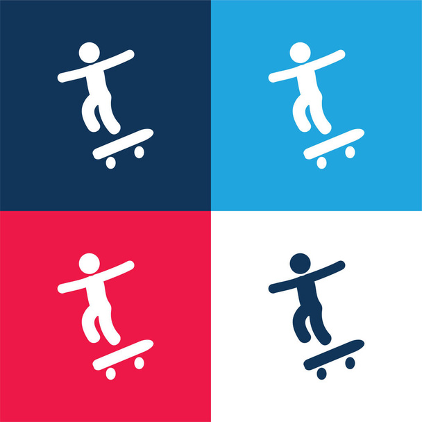 スケートボードの青と赤の4色の最小アイコンセットを持つ男の子 - ベクター画像