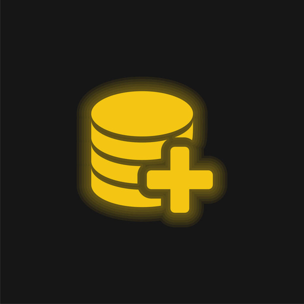 Añadir base de datos amarillo brillante icono de neón - Vector, Imagen