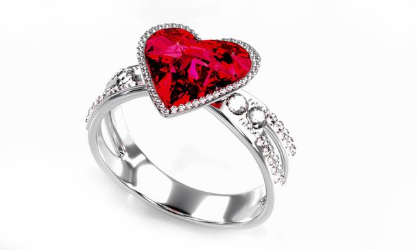 La grande forma a cuore di diamante rosso è circondata da molti diamanti sull'anello in oro platino posto su uno sfondo grigio. Elegante anello di diamanti da sposa per le donne. rendering 3d - Foto, immagini