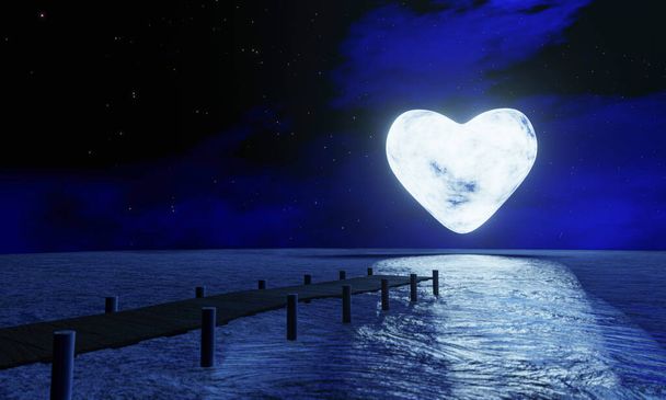 Volle maan, hartvorm 's nachts was vol sterren en een zwakke mist. Een houten brug strekt zich uit in de zee. Fantasiebeeld 's nachts, supermaan, zeewatergolf. 3D-weergave - Foto, afbeelding