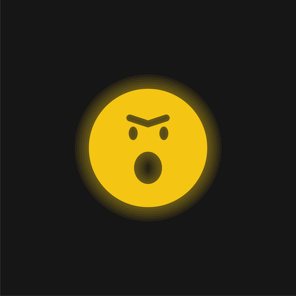 丸みを帯びた正方形の概要黄色の輝くネオンアイコンで開いた口で怒っている顔 - ベクター画像